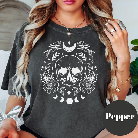 Moon Skull Shirt, Comfort Colors® Gothic Floral Tee, Witchy Aesthetic Shirt, Crescent Moon Graphic Tee, Boho Shirt, Skull and Rose Shirt