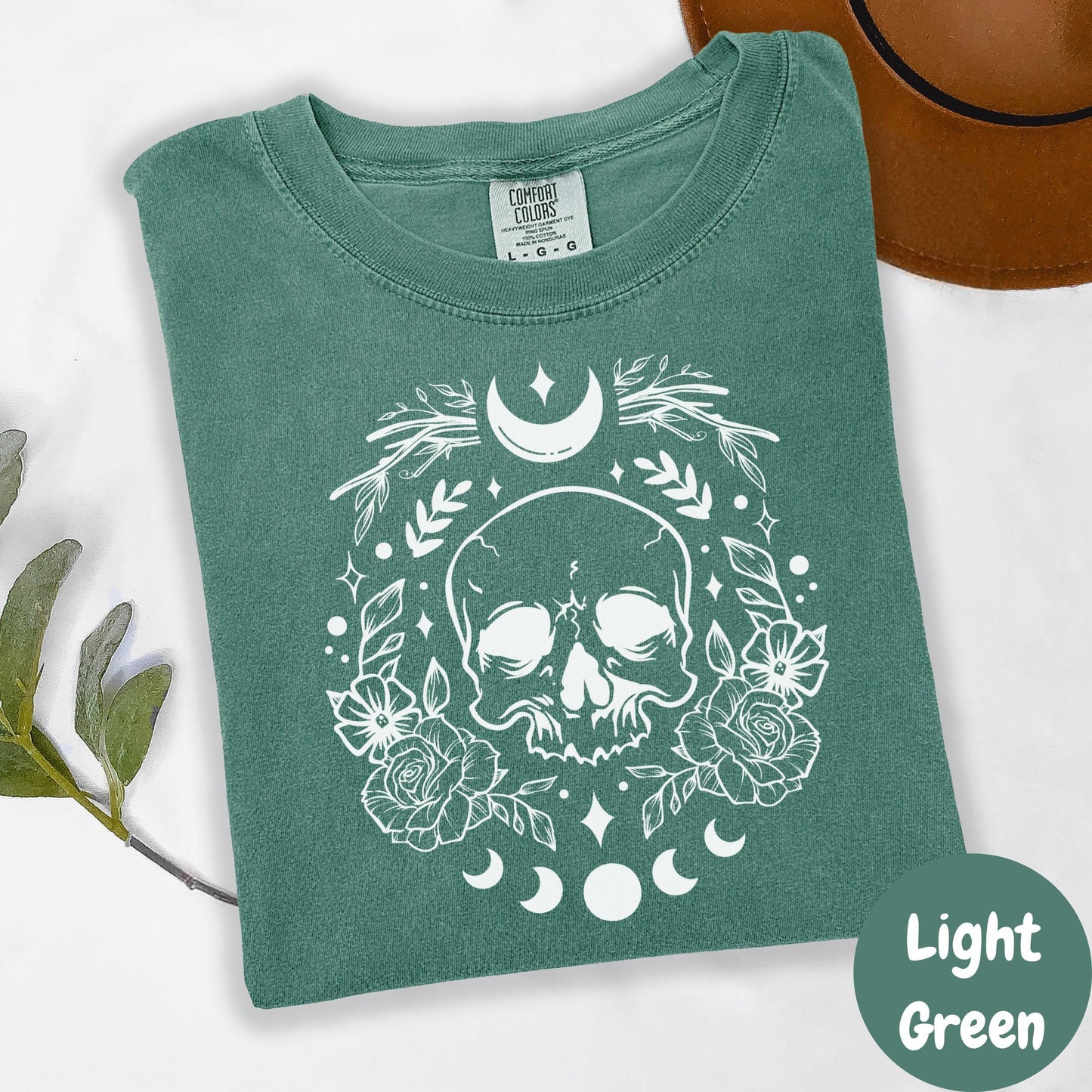 Moon Skull Shirt, Comfort Colors® Gothic Floral Tee, Witchy Aesthetic Shirt, Crescent Moon Graphic Tee, Boho Shirt, Skull and Rose Shirt