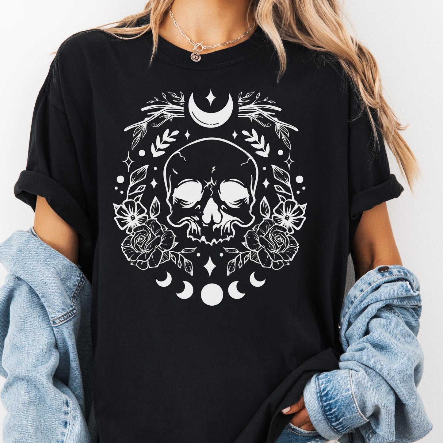 Moon Skull Shirt, Comfort Colors® Gothic Floral Tee, Witchy Aesthetic Shirt, Crescent Moon Graphic Tee, Boho Shirt, Skull and Rose Shirt