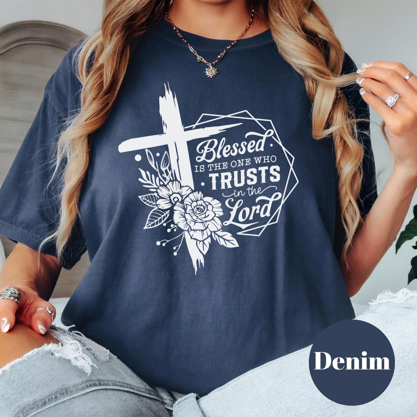 Blessed Trusts in the Lord Shirt, Comfort Colors® Christian Floral Cross Tee, Religious Shirt, Jeremiah 17:7 Shirt, Faith-Based Gift Tee
