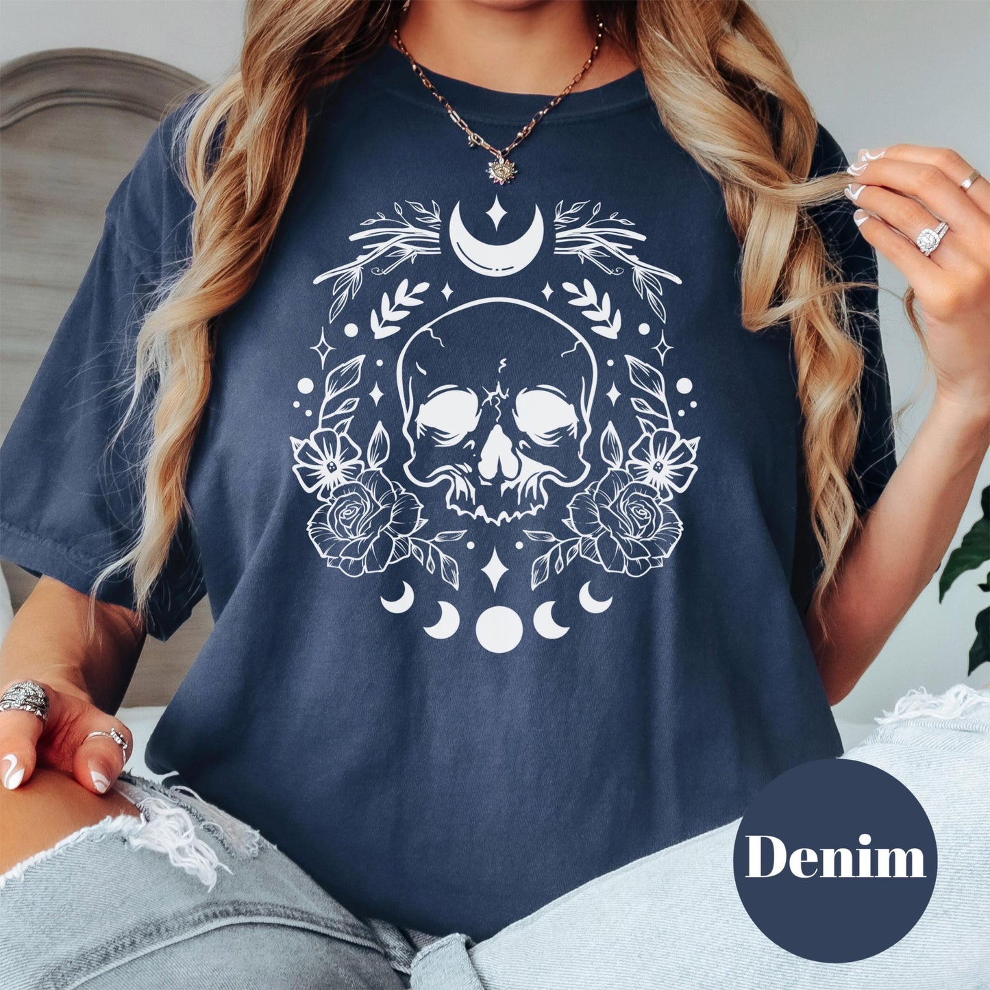 Moon Skull Shirt, Comfort Colors® Gothic Floral Tee, Witchy Aesthetic Shirt, Crescent Moon Graphic Tee, Boho Shirt, Skull and Rose Shirt