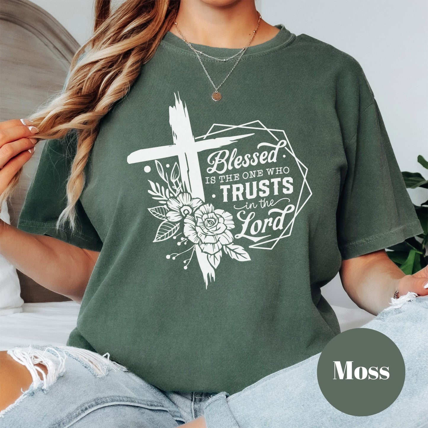 Blessed Trusts in the Lord Shirt, Comfort Colors® Christian Floral Cross Tee, Religious Shirt, Jeremiah 17:7 Shirt, Faith-Based Gift Tee