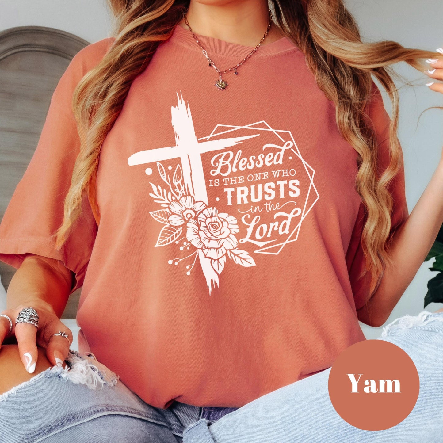 Blessed Trusts in the Lord Shirt, Comfort Colors® Christian Floral Cross Tee, Religious Shirt, Jeremiah 17:7 Shirt, Faith-Based Gift Tee