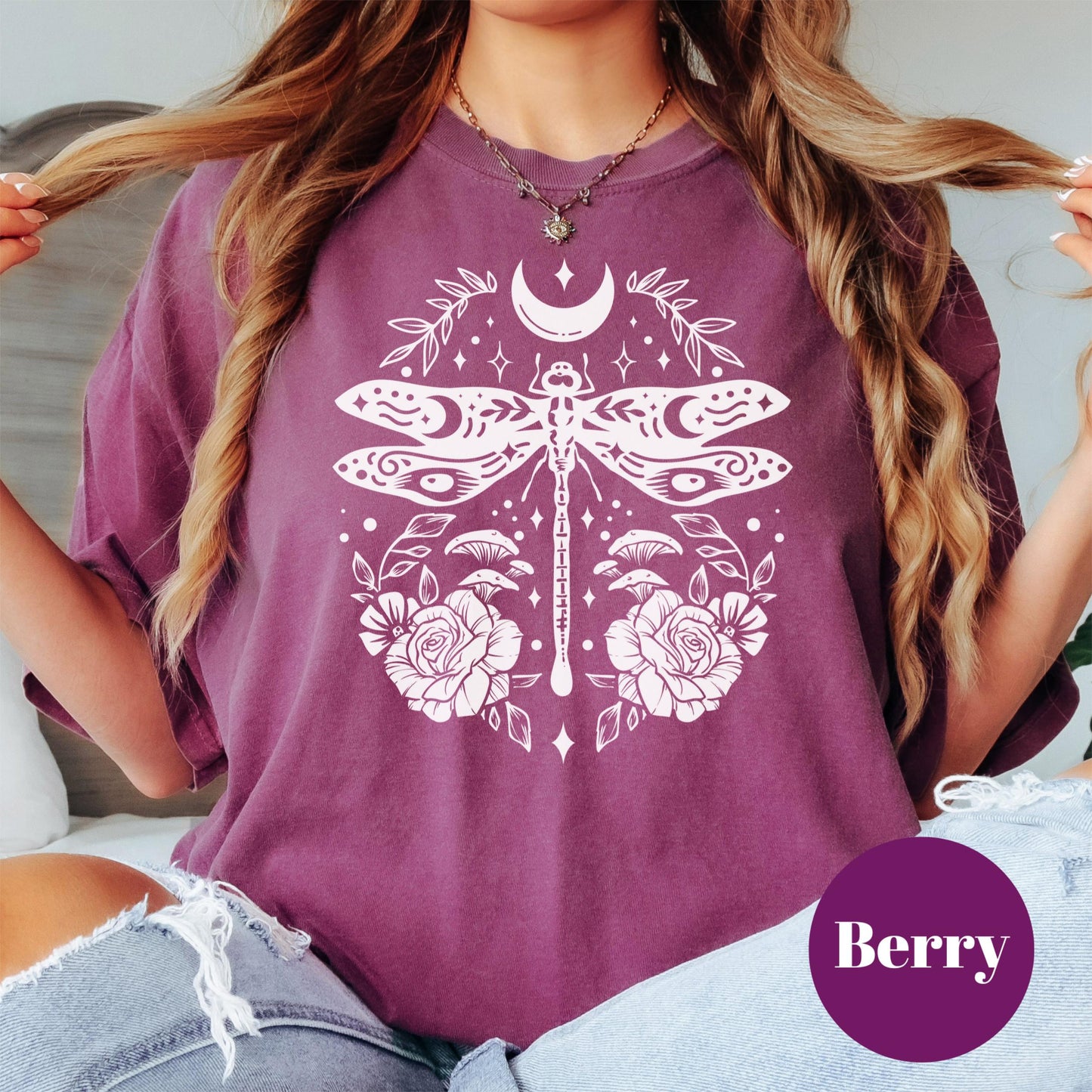 Mystical Dragonfly Moon Shirt, Comfort Colors® Boho Graphic Tee, Spiritual Nature Shirt, Witchy Aesthetic Tee, Lunar Moth Shirt