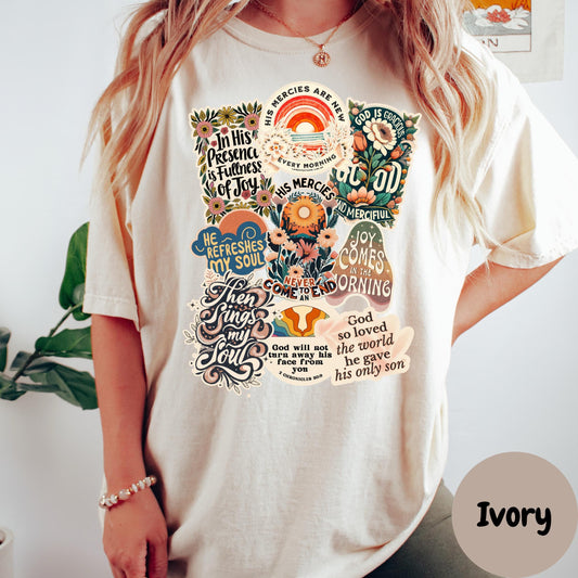 Faith Sticker Collage Shirt, Comfort Colors® Christian Tee, Bible Verse Shirt, Inspirational Scripture Shirt, Religious Gift for Women