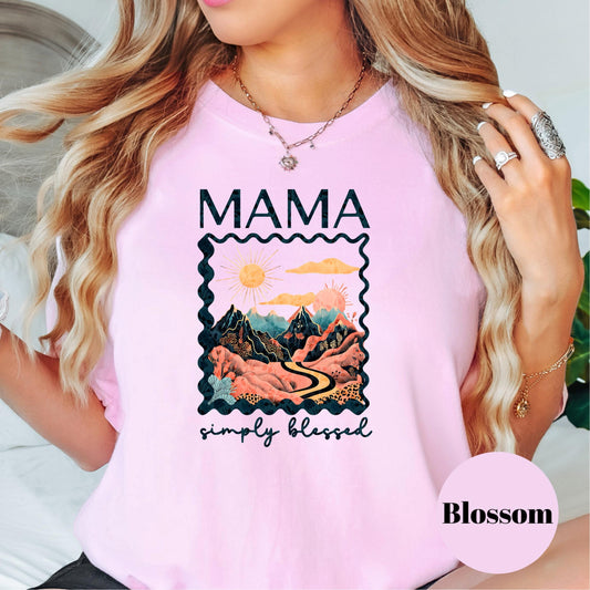 Mama Simply Blessed Shirt, Comfort Colors® Mom Tee, Boho Retro Mountain Shirt, Christian Mom Gift, Motherhood Shirt for Her