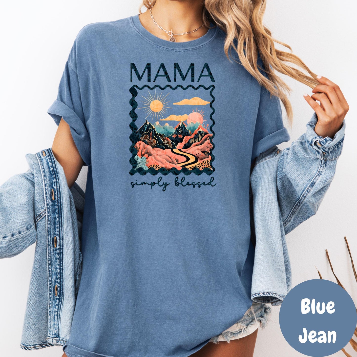Mama Simply Blessed Shirt, Comfort Colors® Mom Tee, Boho Retro Mountain Shirt, Christian Mom Gift, Motherhood Shirt for Her
