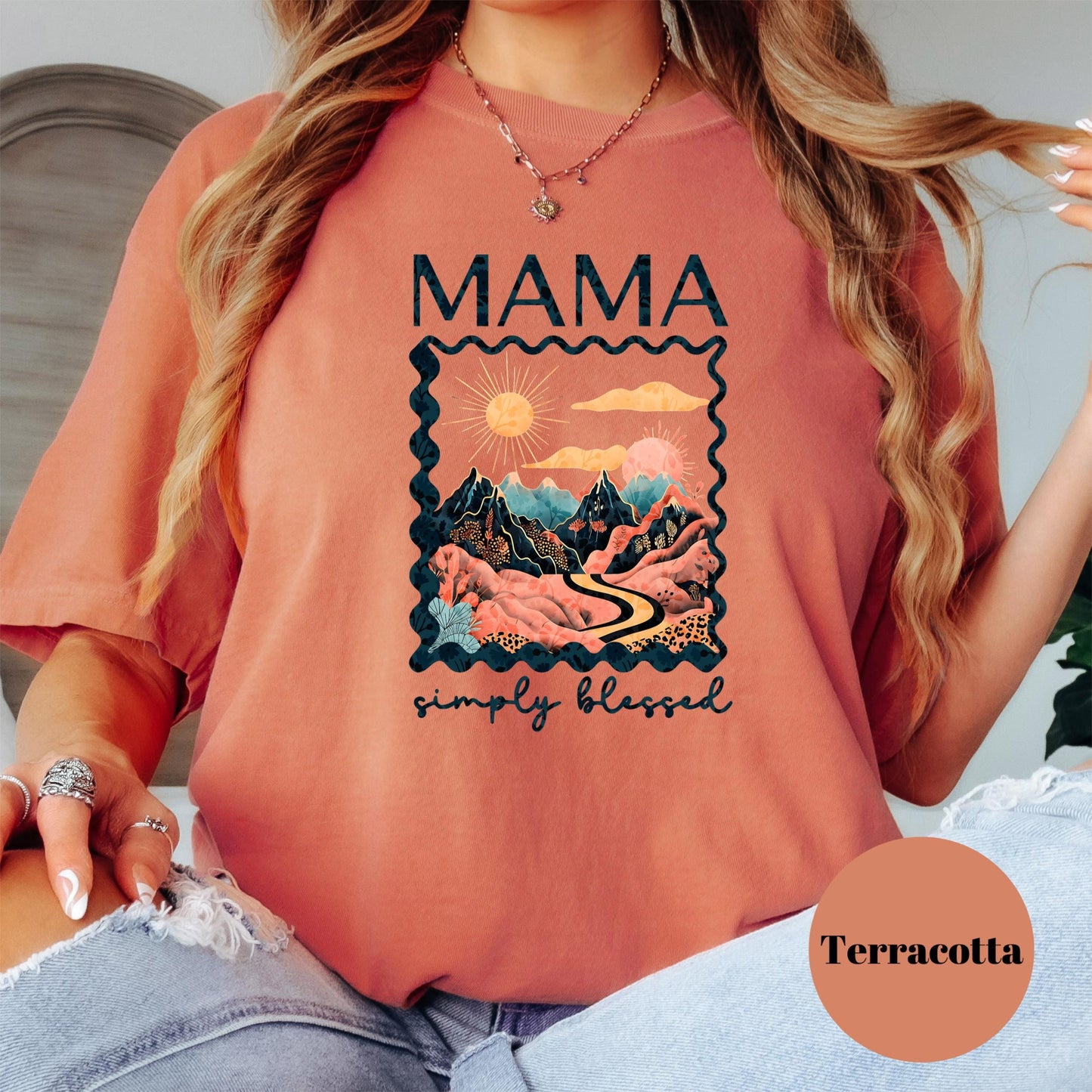Mama Simply Blessed Shirt, Comfort Colors® Mom Tee, Boho Retro Mountain Shirt, Christian Mom Gift, Motherhood Shirt for Her
