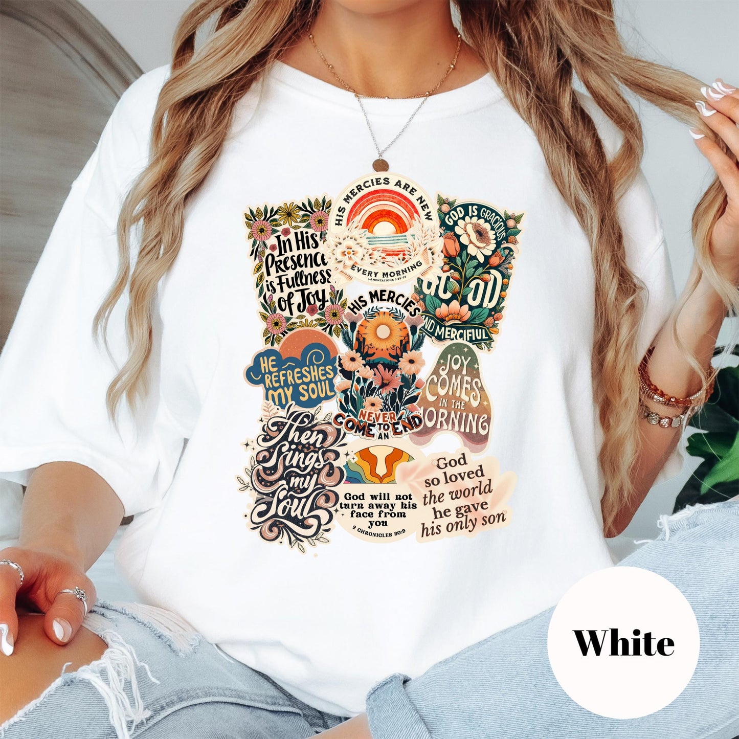 Faith Sticker Collage Shirt, Comfort Colors® Christian Tee, Bible Verse Shirt, Inspirational Scripture Shirt, Religious Gift for Women