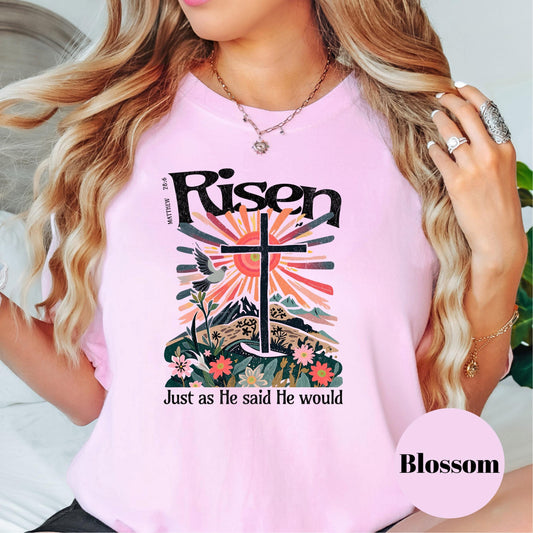 Risen Comfort Colors® Shirt, Easter Christian Shirt for Women, He Is Risen Shirt, Resurrection Sunday Tee, Matthew 28:6 Shirt, Faith Tee