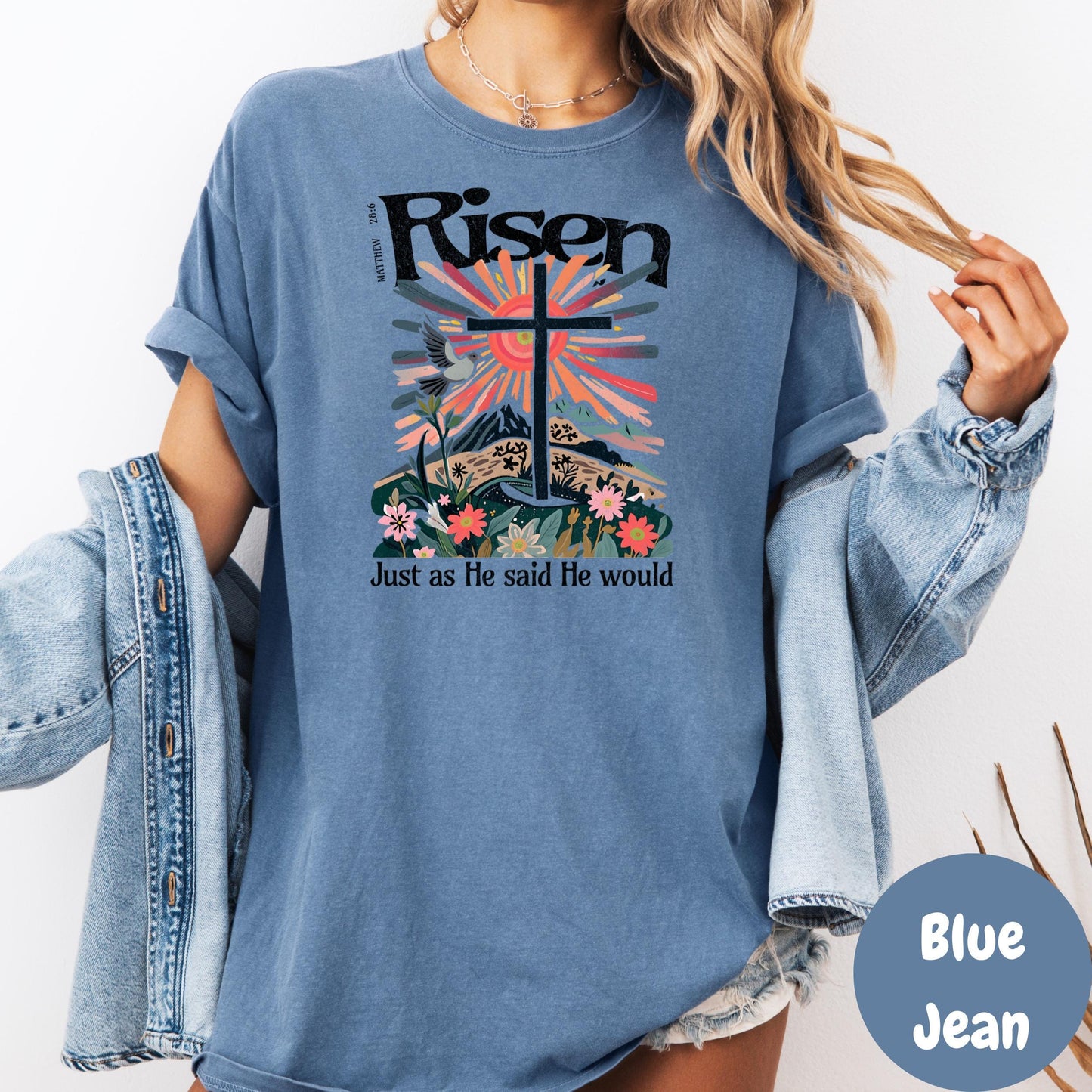 Risen Comfort Colors® Shirt, Easter Christian Shirt for Women, He Is Risen Shirt, Resurrection Sunday Tee, Matthew 28:6 Shirt, Faith Tee