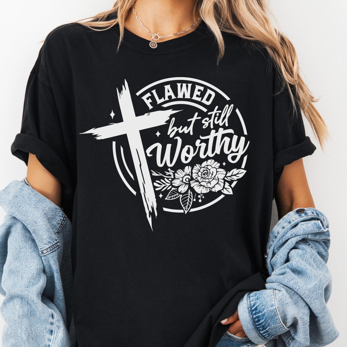 Flawed but Still Worthy Comfort Colors® Shirt, Christian Graphic Tee, Inspirational Faith Shirt, Bible Verse Shirt, Religious Gift for Women