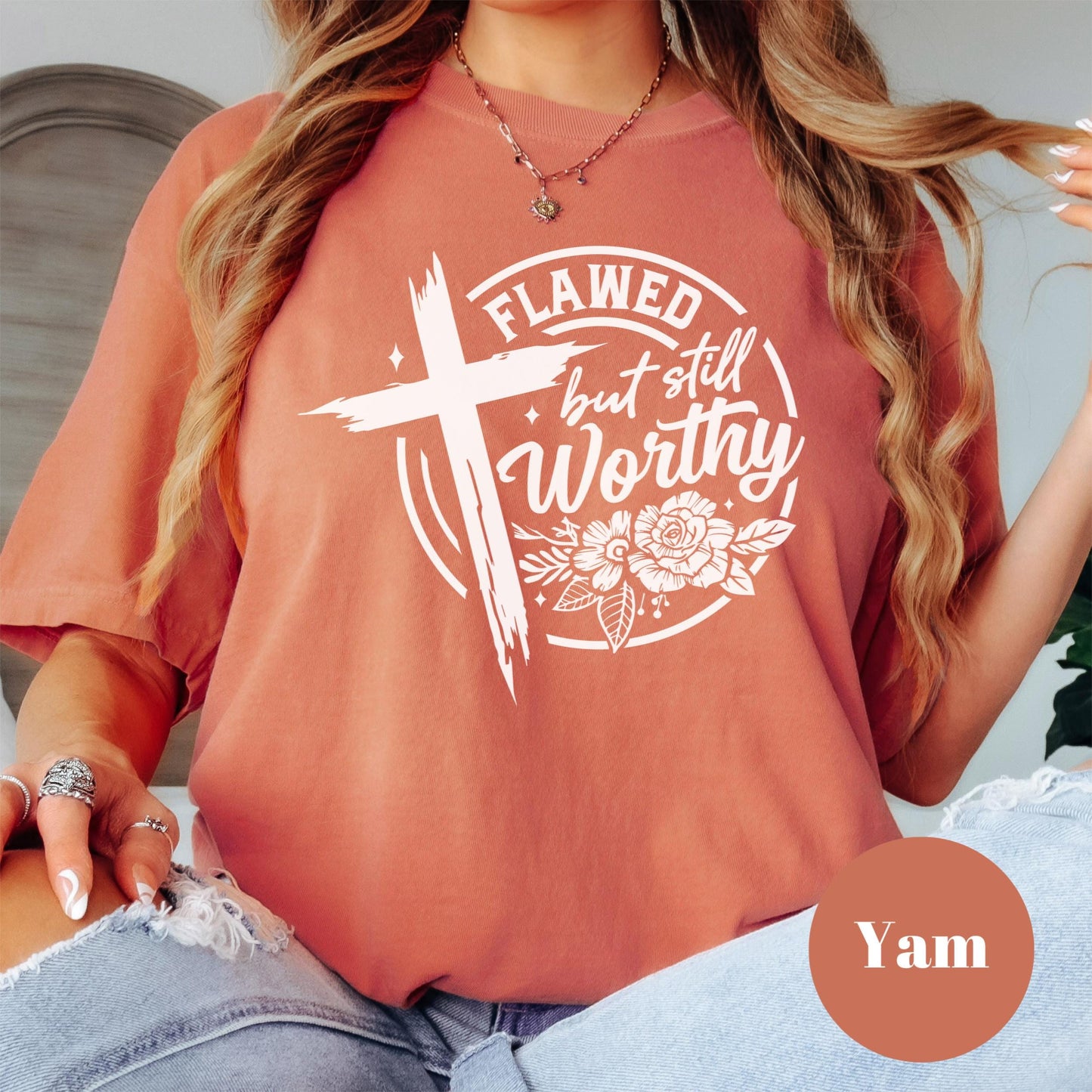 Flawed but Still Worthy Comfort Colors® Shirt, Christian Graphic Tee, Inspirational Faith Shirt, Bible Verse Shirt, Religious Gift for Women