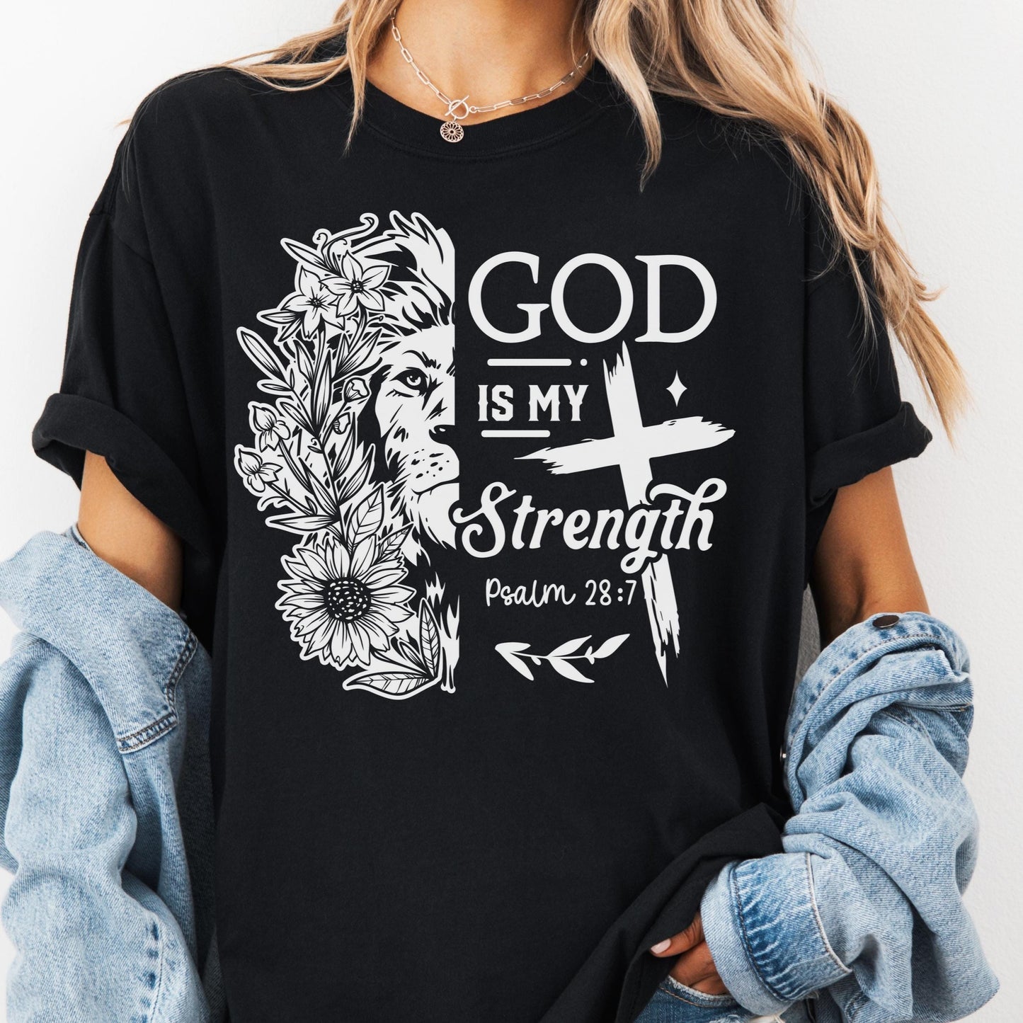 God Is My Strength Shirt, Comfort Colors® Christian Tee, Psalm 28:7 Lion and Floral Faith Shirt, Inspirational Scripture Shirt, Jesus Tee