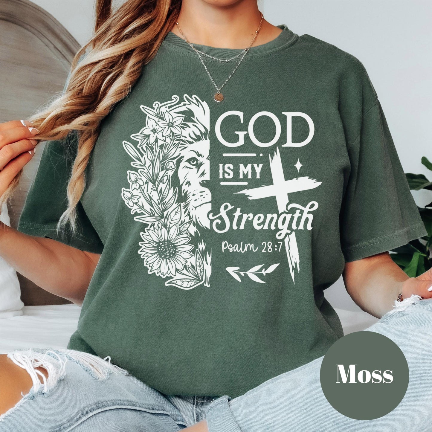 God Is My Strength Shirt, Comfort Colors® Christian Tee, Psalm 28:7 Lion and Floral Faith Shirt, Inspirational Scripture Shirt, Jesus Tee