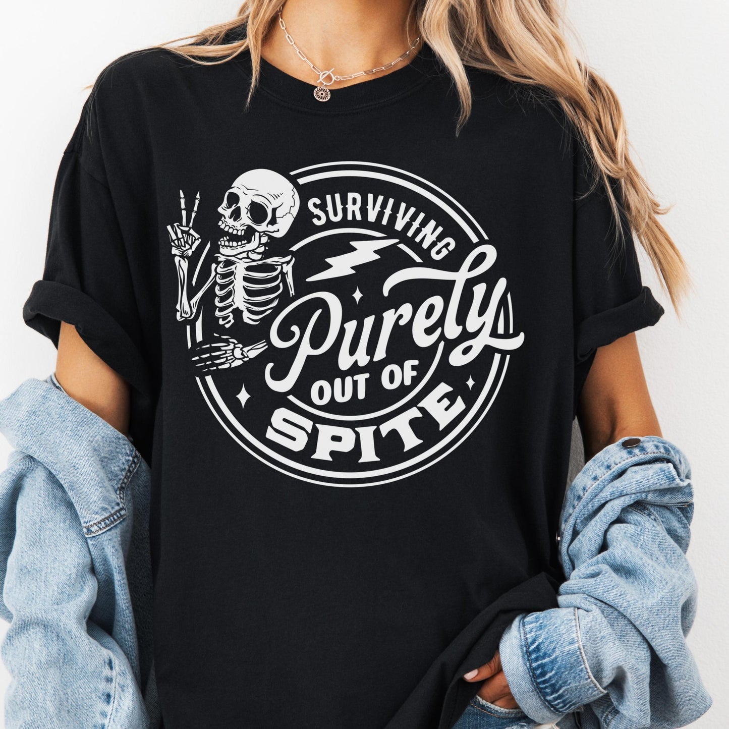Surviving Purely Out of Spite Shirt, Comfort Colors® Funny Skeleton Graphic Tee, Spicy Sarcastic Shirt for Women, Dark Humor Attitude Gift
