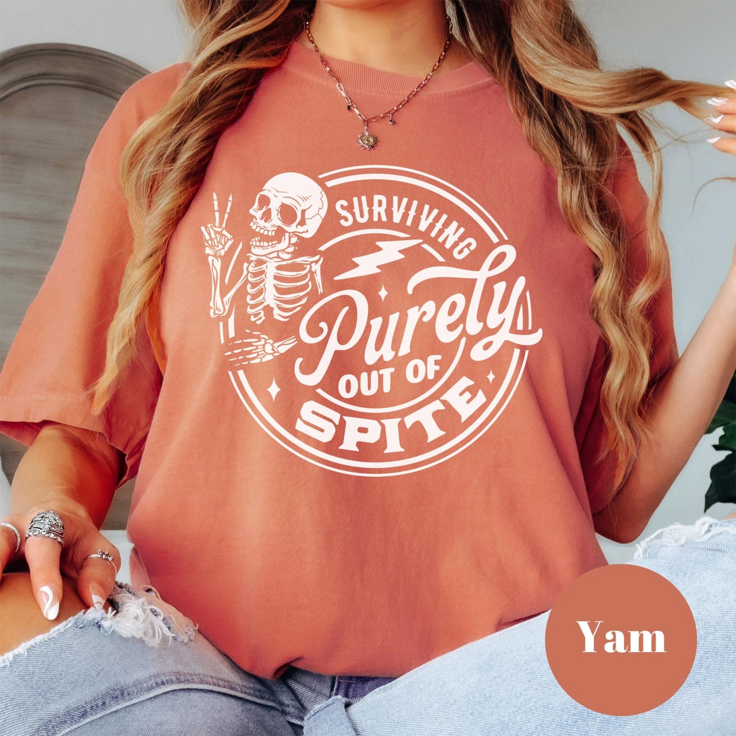 Surviving Purely Out of Spite Shirt, Comfort Colors® Funny Skeleton Graphic Tee, Spicy Sarcastic Shirt for Women, Dark Humor Attitude Gift