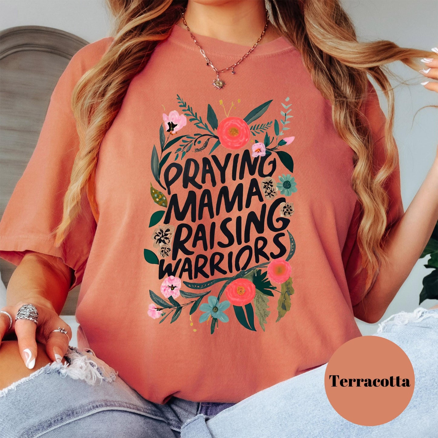 Praying Mama Raising Warriors Shirt, Comfort Colors® Christian Mom Tee, Faith-Based Floral Graphic Tee, Motherhood Gift, Godly Mom Shirt