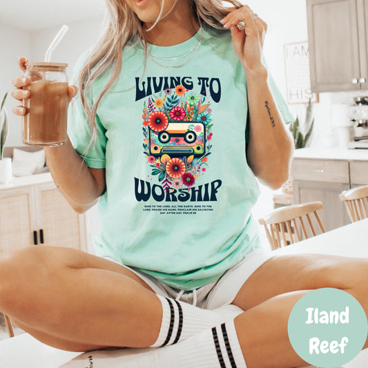 Living to Worship Shirt, Comfort Colors® Christian Tee, Retro Faith Shirt with Cassette, Worship Music Tee, Bible Verse Shirt for Women
