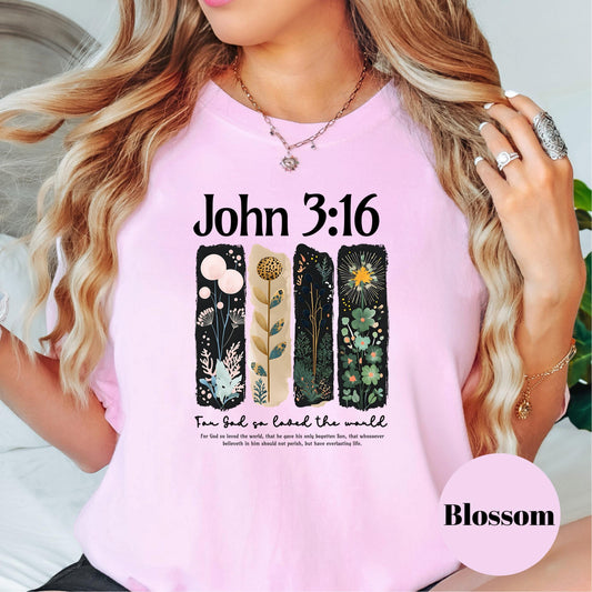 John 3:16 Bible Verse Shirt, Comfort Colors® Floral Christian Tee, For God So Loved the World Shirt, Scripture Tee, Faith Gift for Women