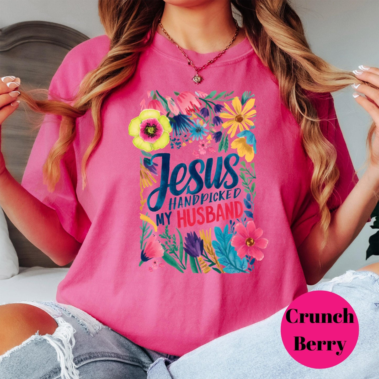 Jesus Handpicked My Husband Shirt, Comfort Colors® Christian Wife Tee, Floral Faith-Based Graphic Tee, Godly Marriage Gift for Her