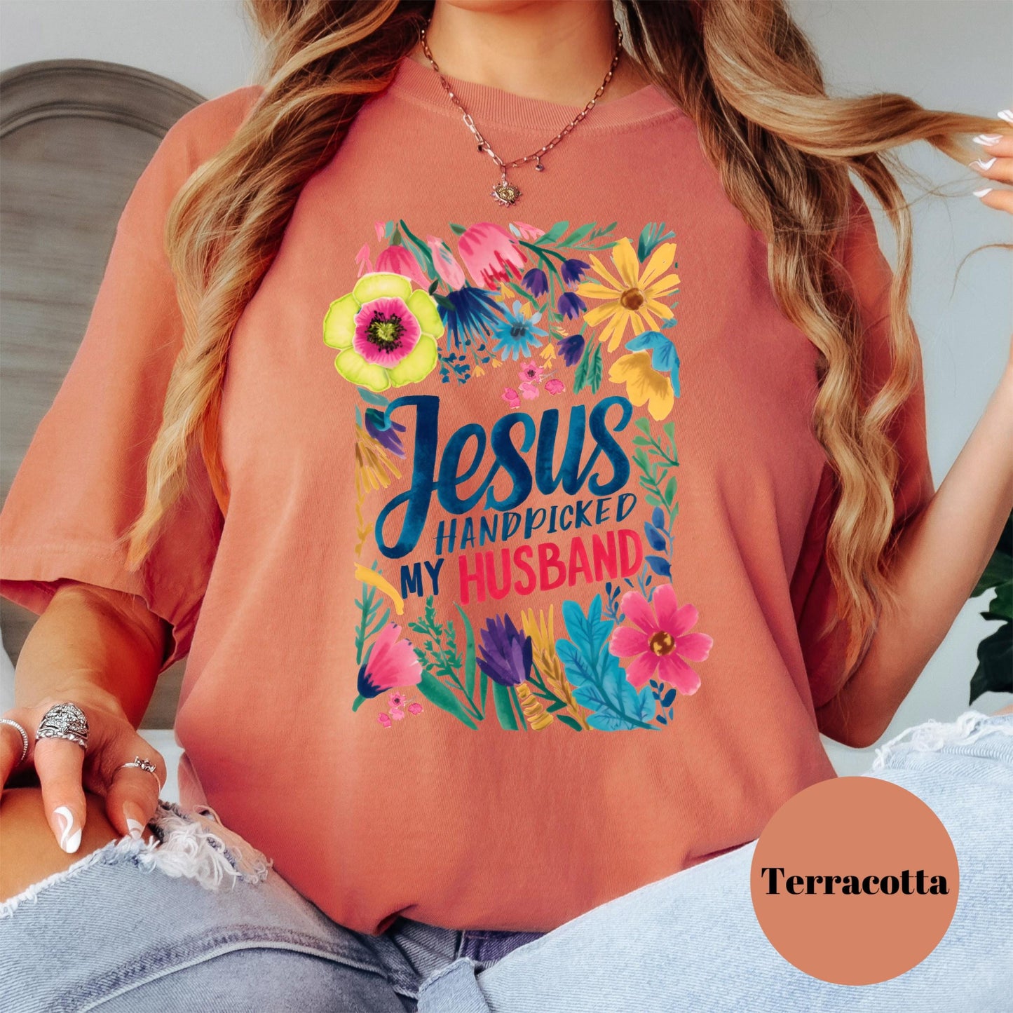 Jesus Handpicked My Husband Shirt, Comfort Colors® Christian Wife Tee, Floral Faith-Based Graphic Tee, Godly Marriage Gift for Her