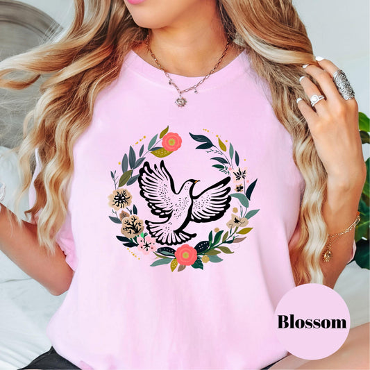 Floral Dove Christian Shirt, Comfort Colors® Peace Graphic Tee, Holy Spirit Faith Shirt for Women, Easter Baptism Gift, Minimalist Bible Tee