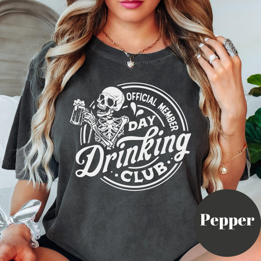 Day Drinking Club Shirt, Comfort Colors® Funny Skeleton Tee, Official Member Graphic Shirt for Women, Brunch Humor Drinking Gift Tee
