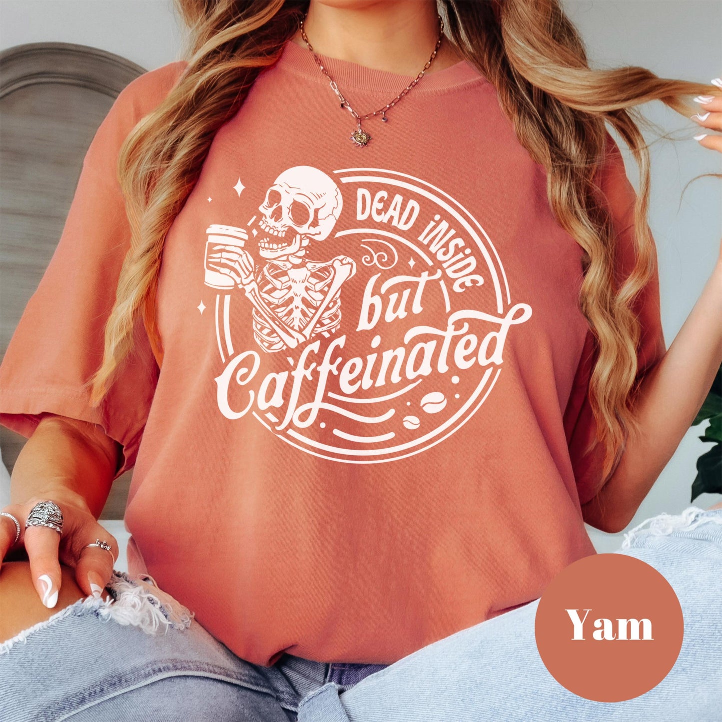 Dead Inside But Caffeinated Shirt, Comfort Colors® Funny Skeleton Coffee Tee, Dark Humor Shirt for Tired Women, Goth Coffee Lover Gift