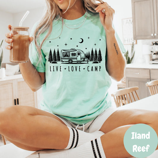Live Love Camp Shirt, Camper Graphic Tee, Camping T-Shirt for Women, Outdoor Adventure Shirt, Retro Camper Tee