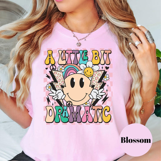 A Little Bit Dramatic Shirt, Retro Smiley Face Tee, Cute Graphic Shirt for Girls, Funny Rainbow Lightning Bolt Shirt