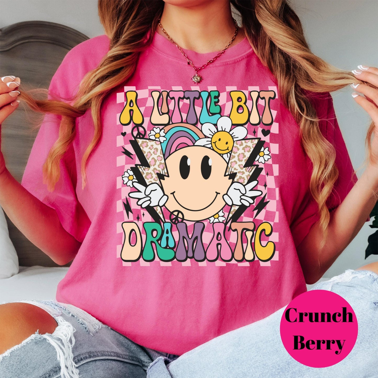 A Little Bit Dramatic Shirt, Retro Smiley Face Tee, Cute Graphic Shirt for Girls, Funny Rainbow Lightning Bolt Shirt