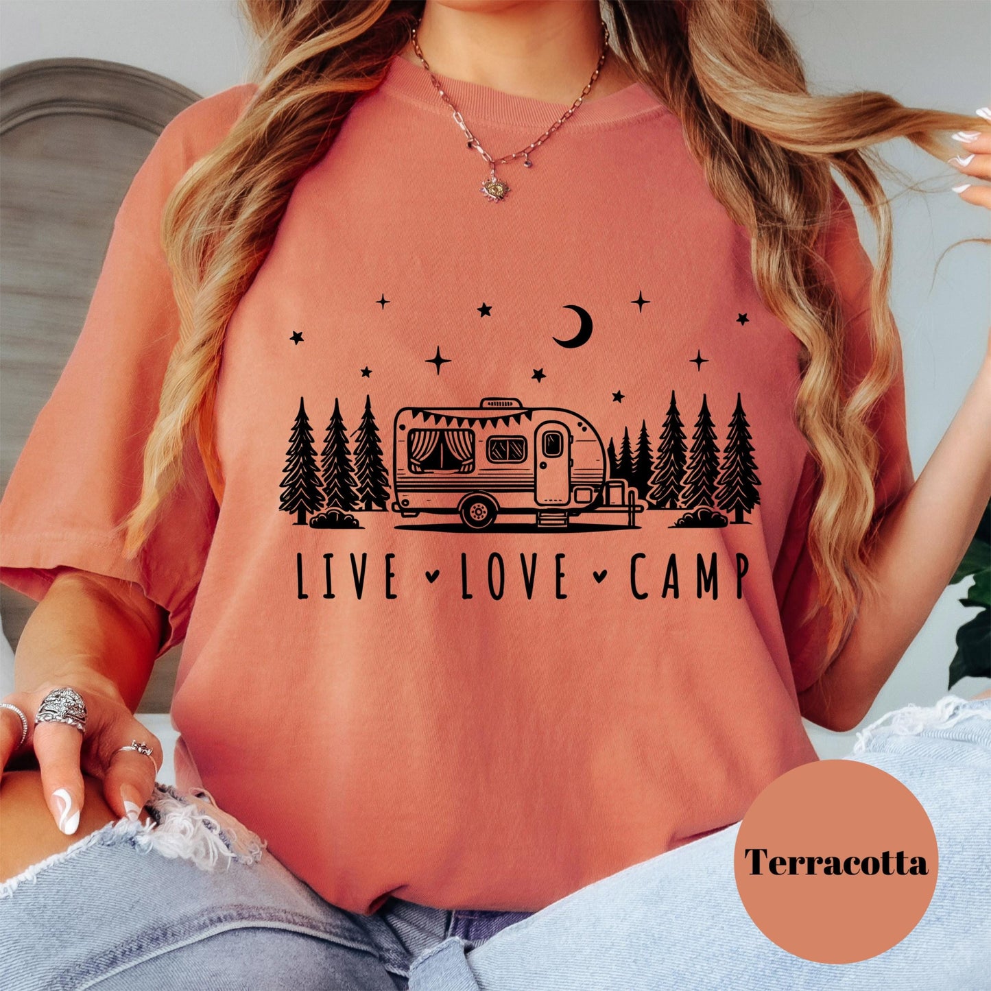 Live Love Camp Shirt, Camper Graphic Tee, Camping T-Shirt for Women, Outdoor Adventure Shirt, Retro Camper Tee