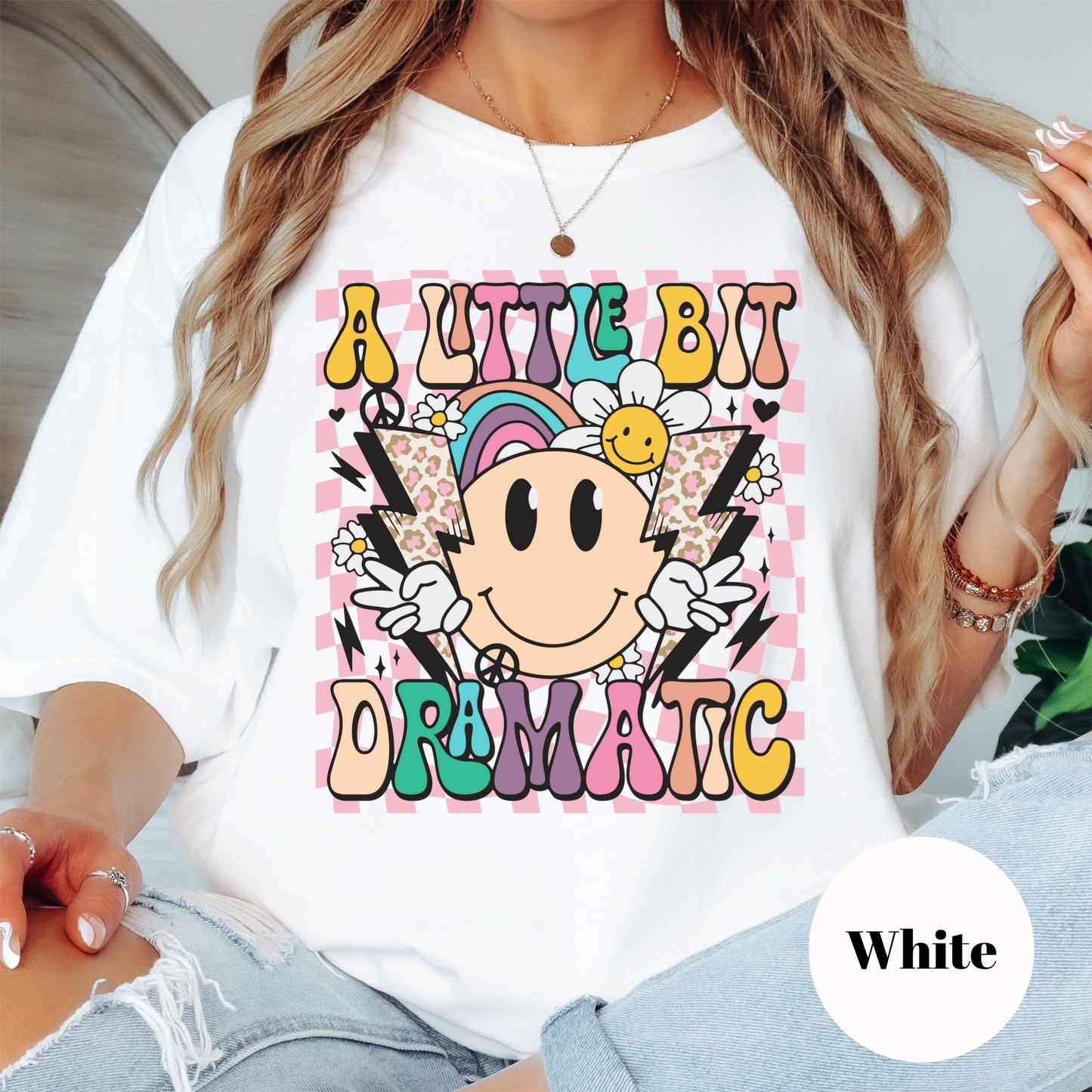 A Little Bit Dramatic Shirt, Retro Smiley Face Tee, Cute Graphic Shirt for Girls, Funny Rainbow Lightning Bolt Shirt