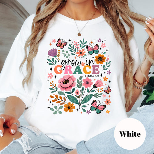 Grow in Grace Shirt, Comfort Colors® Floral Bible Verse Tee, 2 Peter 3:18 Christian Shirt, Inspirational Scripture Shirt for Women