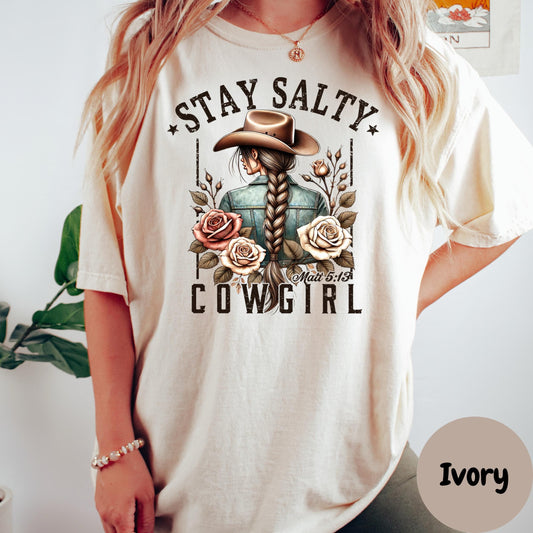 Stay Salty Cowgirl Shirt, Comfort Colors® Christian Western Tee, Matthew 5:13 Bible Verse Shirt, Cowgirl Faith Shirt for Women