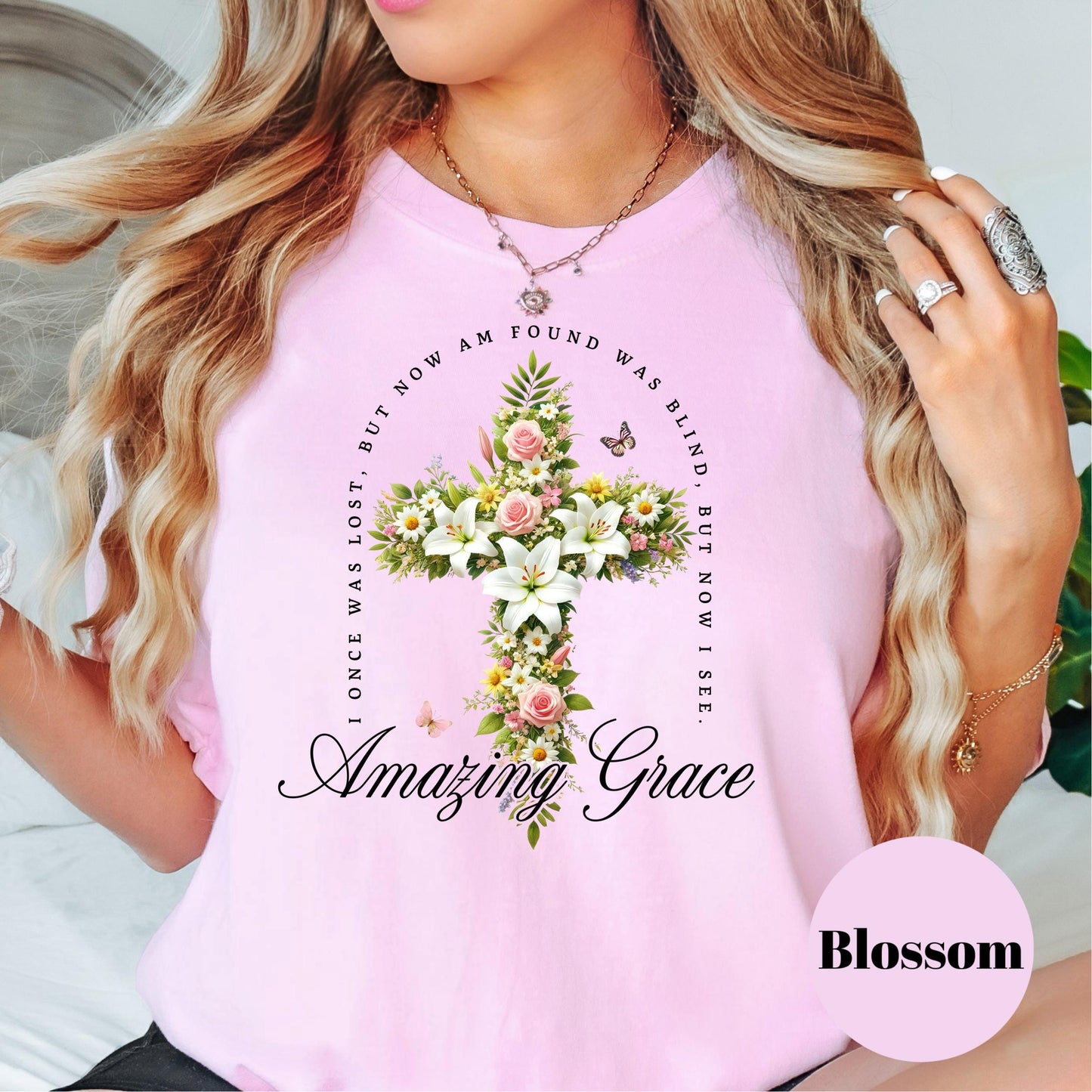 Amazing Grace Shirt, Comfort Colors® Floral Cross Christian Tee, Hymn Shirt for Women, Once Was Lost But Now Am Found Shirt