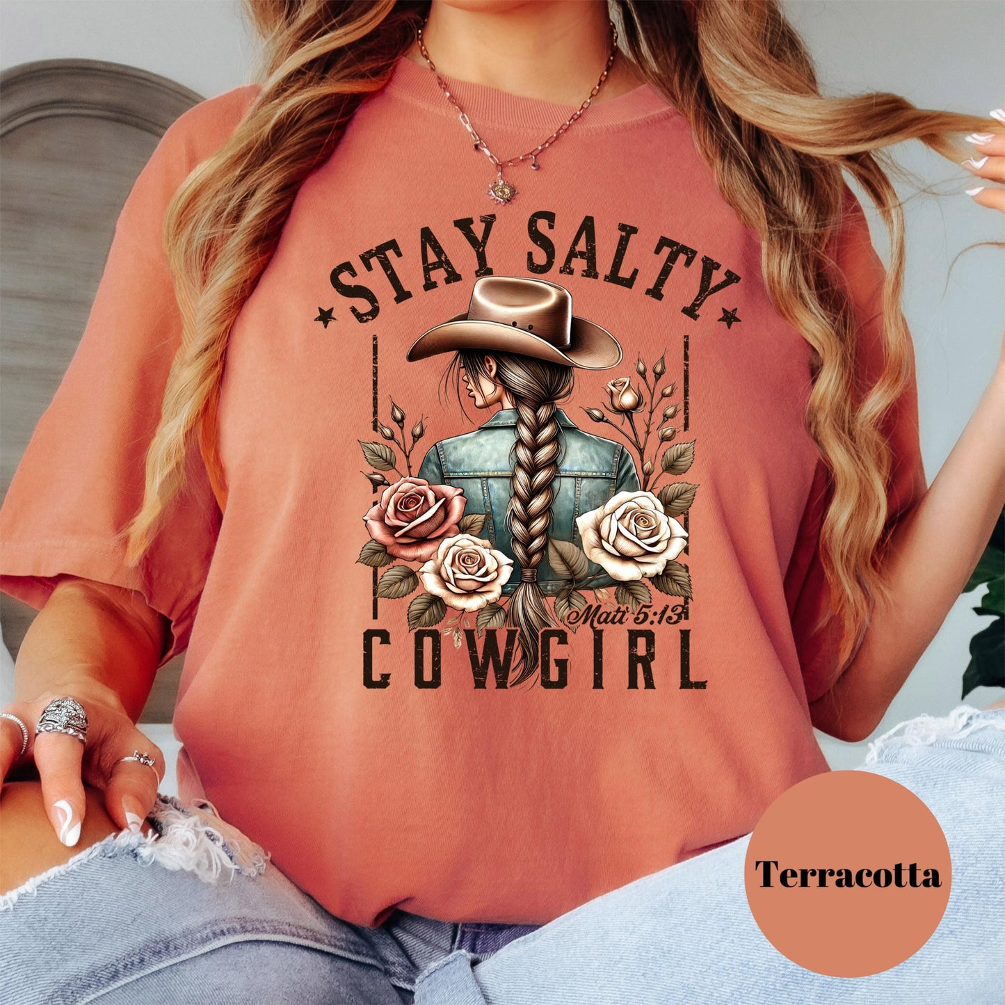 Stay Salty Cowgirl Shirt, Comfort Colors® Christian Western Tee, Matthew 5:13 Bible Verse Shirt, Cowgirl Faith Shirt for Women