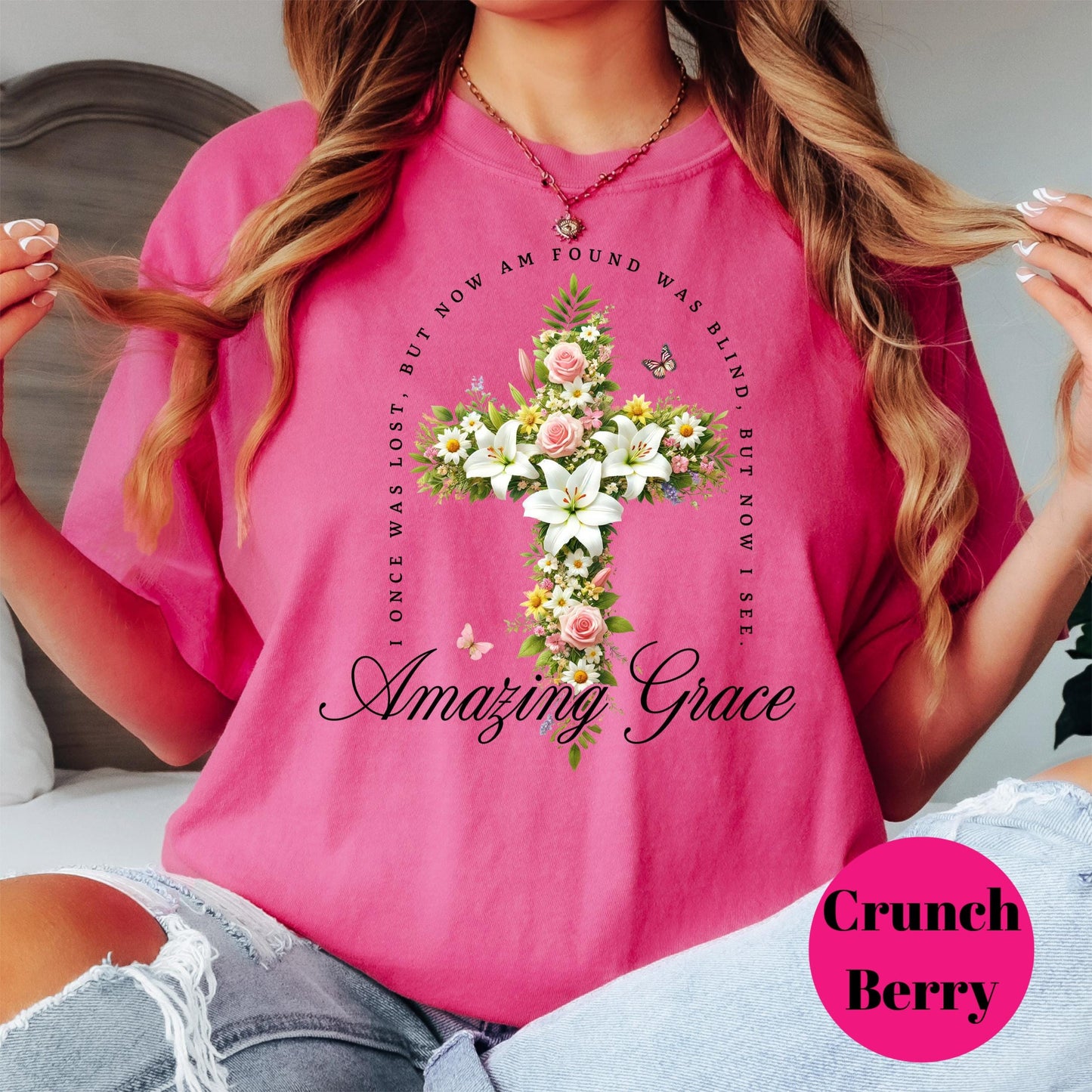 Amazing Grace Shirt, Comfort Colors® Floral Cross Christian Tee, Hymn Shirt for Women, Once Was Lost But Now Am Found Shirt