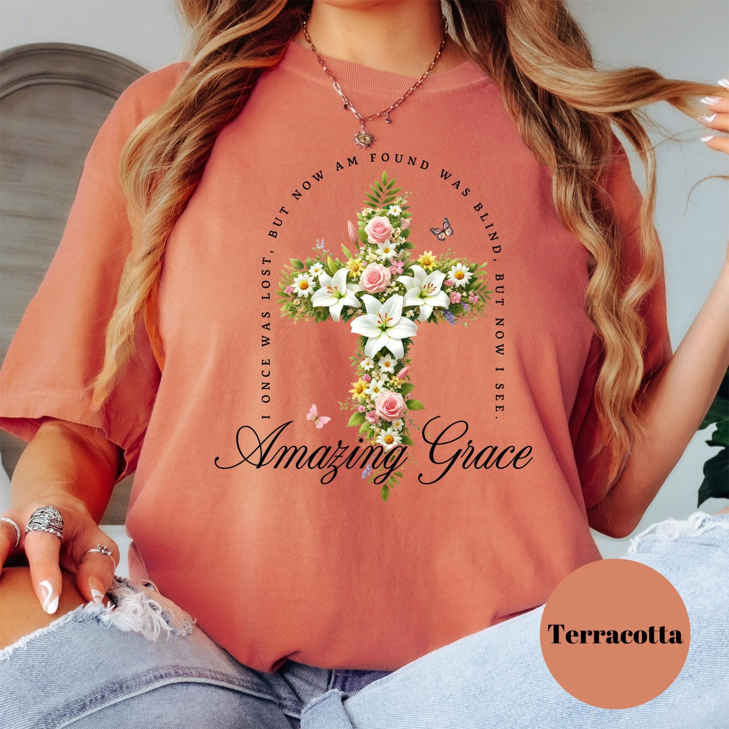 Amazing Grace Shirt, Comfort Colors® Floral Cross Christian Tee, Hymn Shirt for Women, Once Was Lost But Now Am Found Shirt