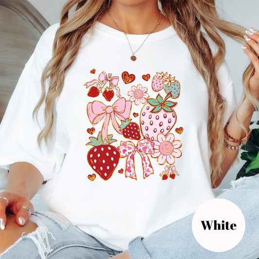 Strawberry and Bows Shirt, Comfort Colors® Coquette Tee, Cute Pink Cottagecore Top, Girly Summer Fruit Graphic Tee