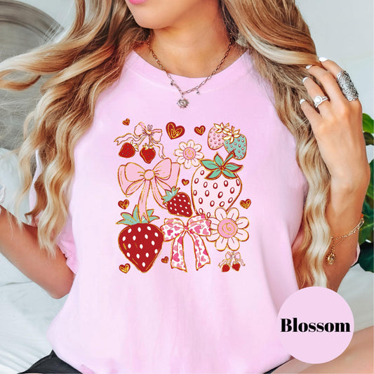 Strawberry and Bows Shirt, Comfort Colors® Coquette Tee, Cute Pink Cottagecore Top, Girly Summer Fruit Graphic Tee
