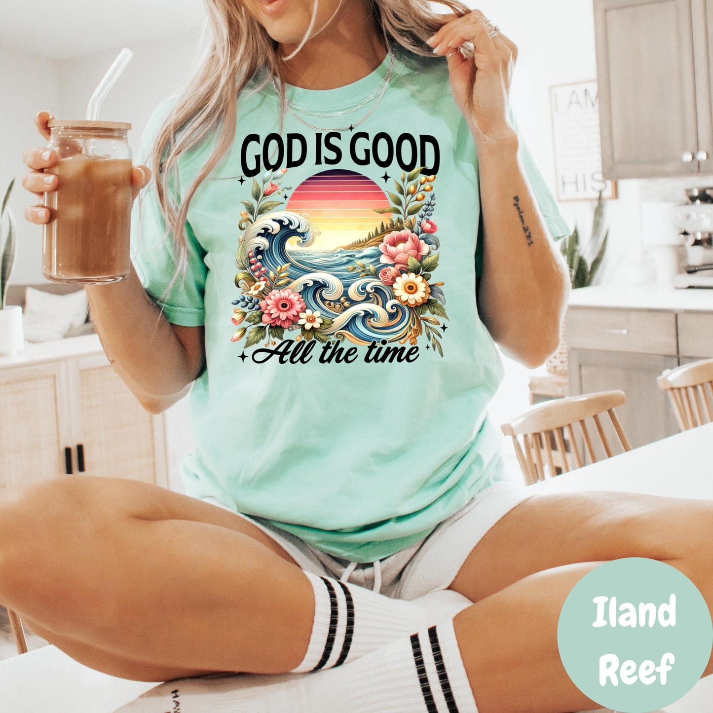 God Is Good All the Time Shirt, Comfort Colors® Christian Beach Tee, Faith-Based Ocean T-Shirt, Floral Scripture Shirt for Women