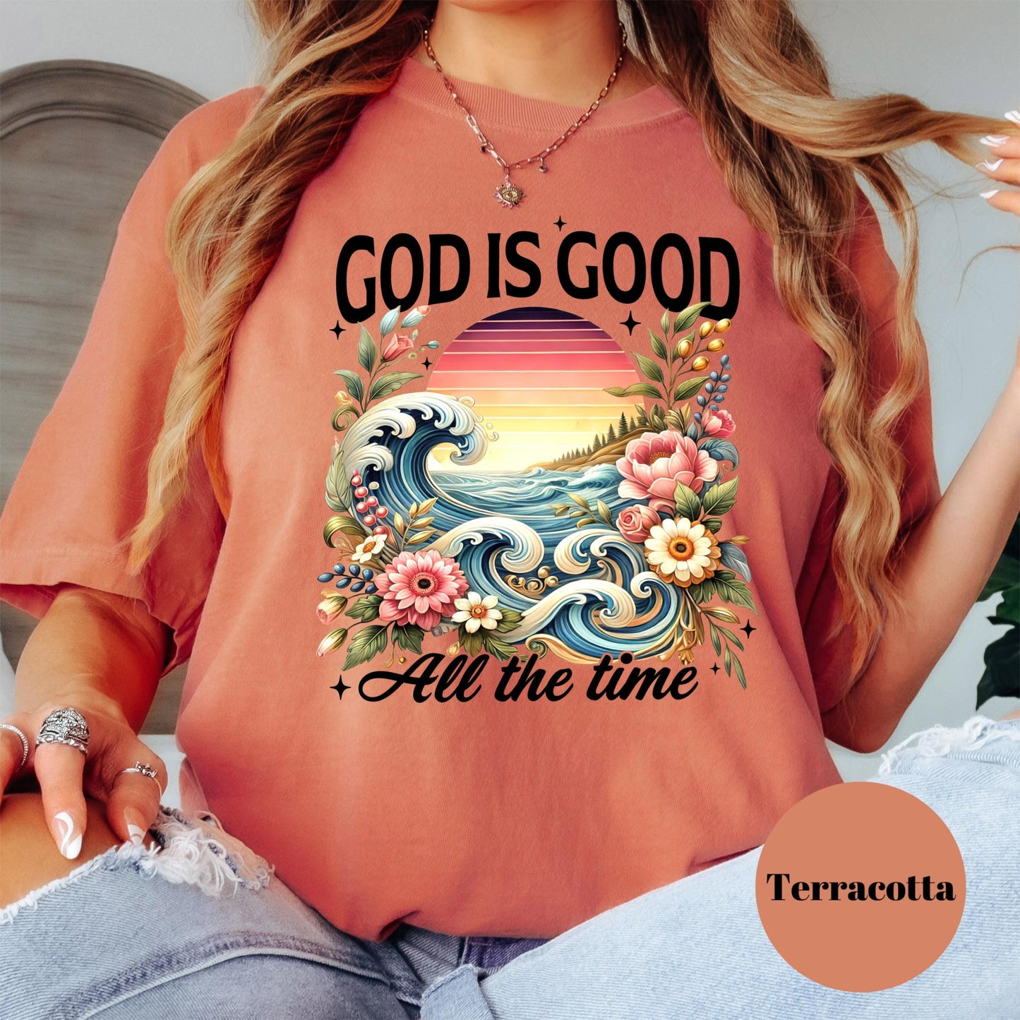 God Is Good All the Time Shirt, Comfort Colors® Christian Beach Tee, Faith-Based Ocean T-Shirt, Floral Scripture Shirt for Women