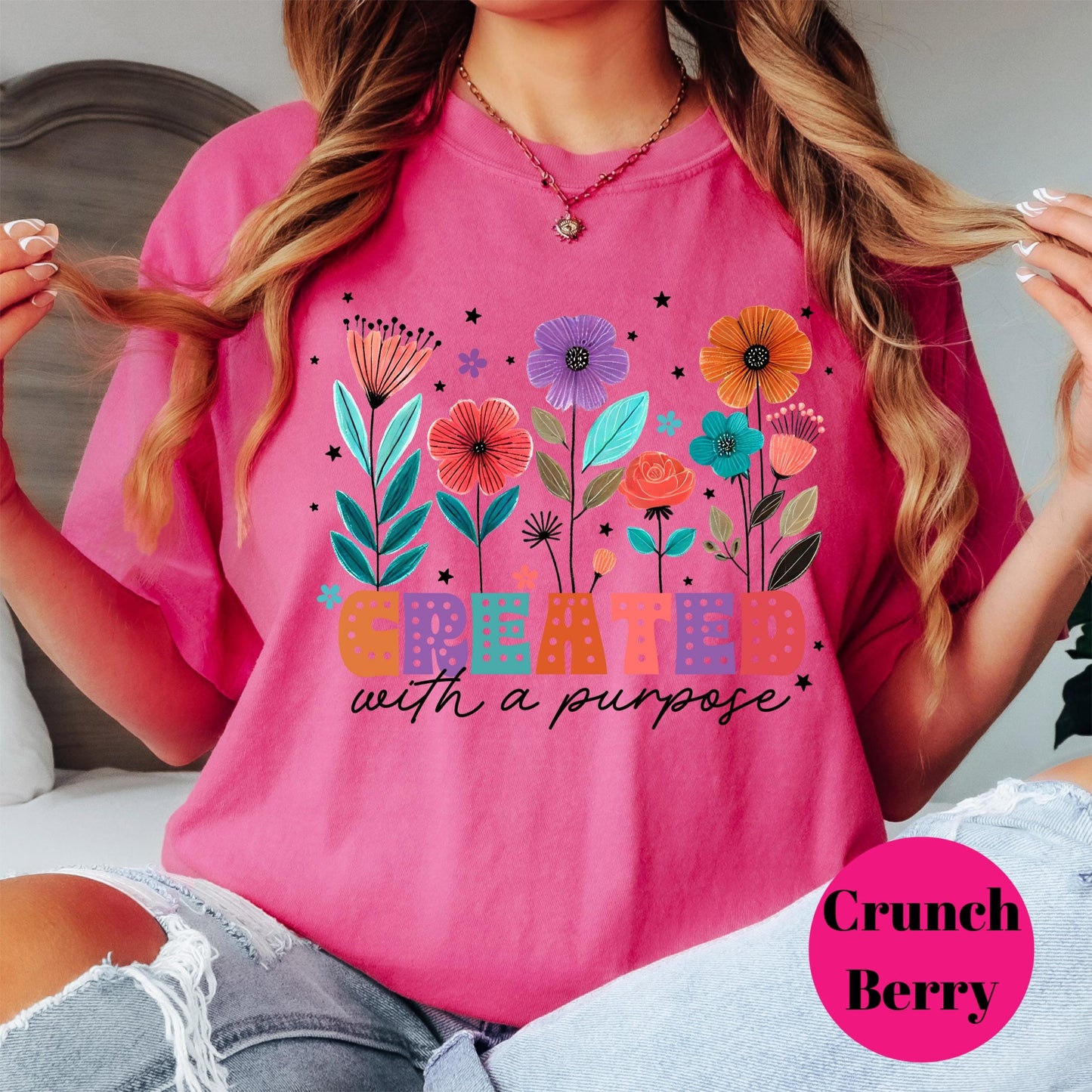 Created with a Purpose Shirt, Comfort Colors® Christian Floral Tee, Inspirational Faith Shirt for Women, Bible Verse Gift Tee