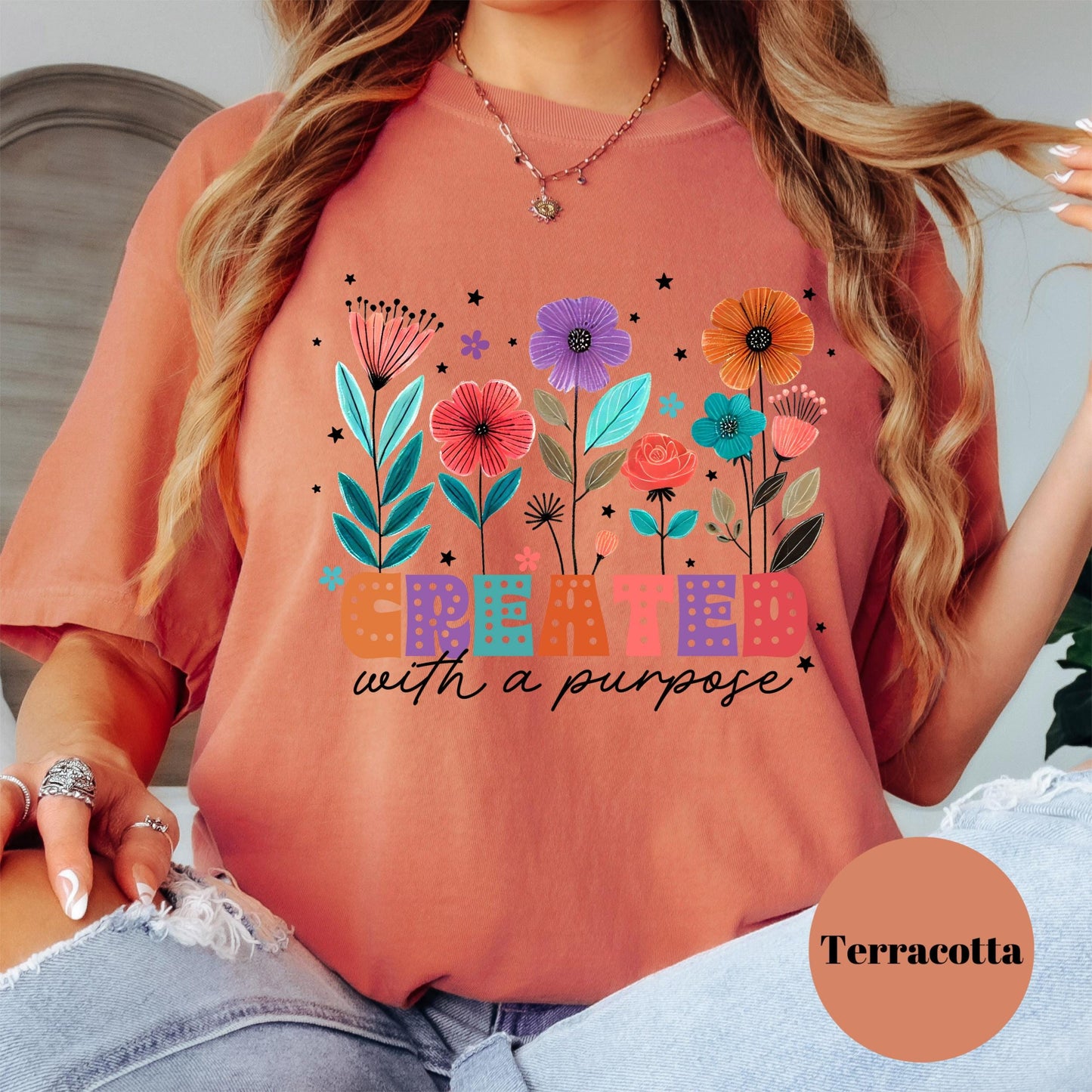 Created with a Purpose Shirt, Comfort Colors® Christian Floral Tee, Inspirational Faith Shirt for Women, Bible Verse Gift Tee