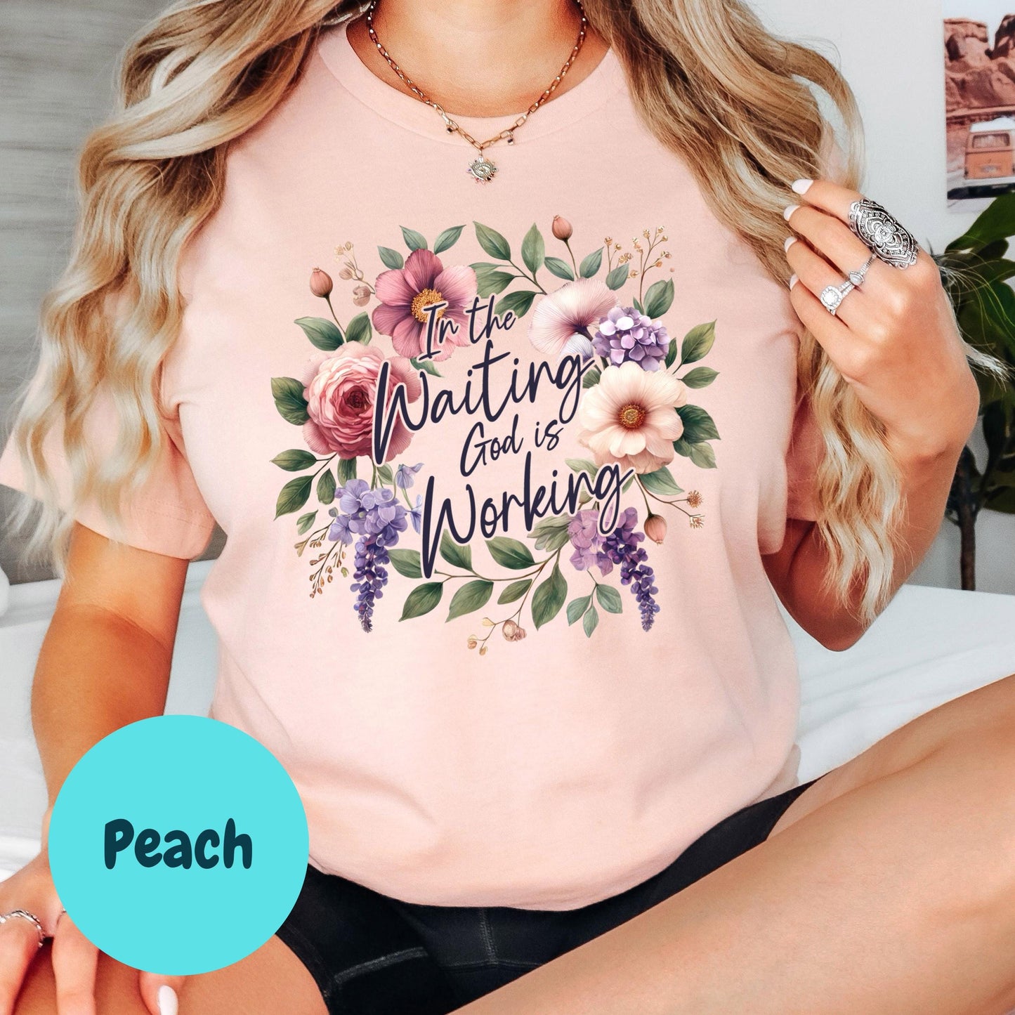In the Waiting God Is Working Shirt, Floral Christian Shirt, Inspirational Bible Verse Shirt, Faith Shirt for Women, Religious Gift