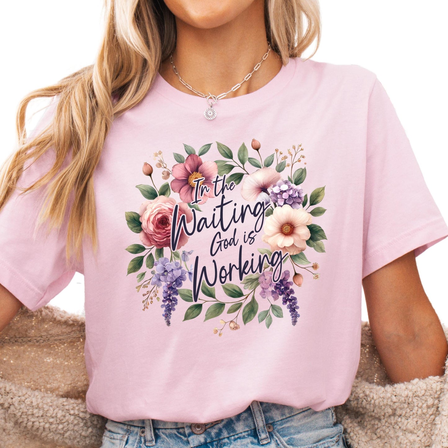In the Waiting God Is Working Shirt, Floral Christian Shirt, Inspirational Bible Verse Shirt, Faith Shirt for Women, Religious Gift