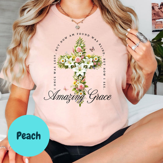 Amazing Grace Shirt, Floral Cross Christian Shirt, I Once Was Lost But Now I'm Found Shirt, Inspirational Bible Verse Shirt, Faith Shirt