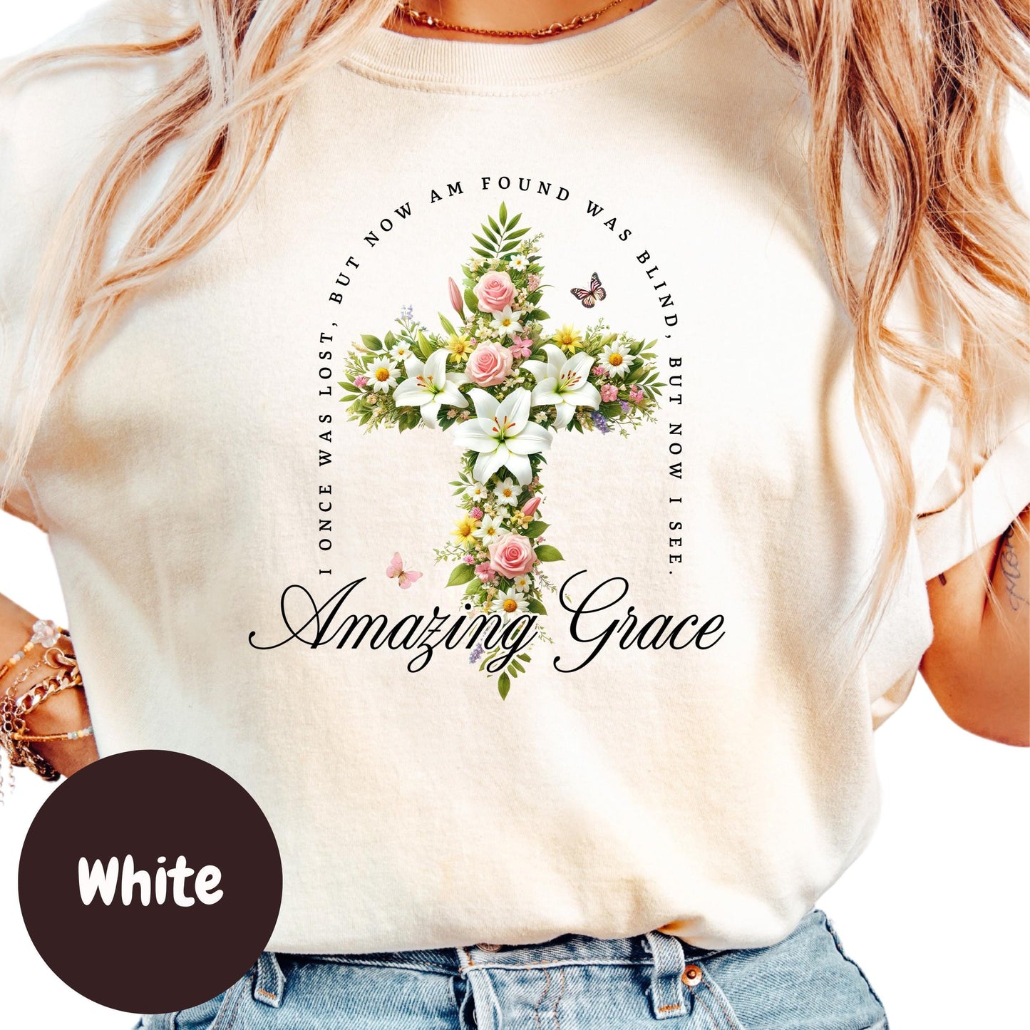 Amazing Grace Shirt, Floral Cross Christian Shirt, I Once Was Lost But Now I'm Found Shirt, Inspirational Bible Verse Shirt, Faith Shirt
